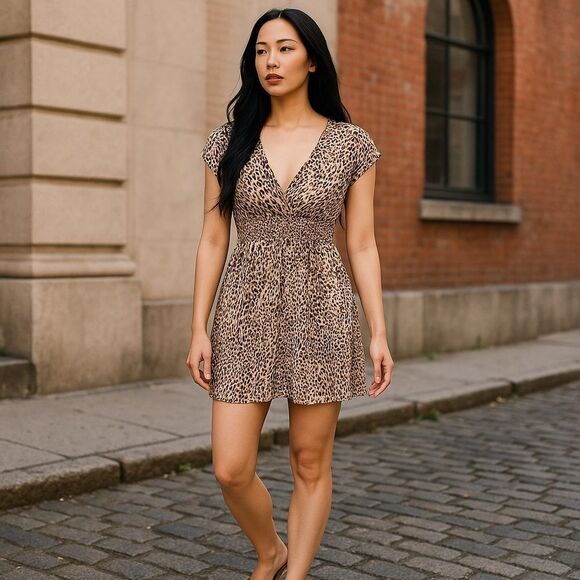 Lily White Dress Leopard Print Smocked Waist Mini Size Medium - Picture 1 of 14